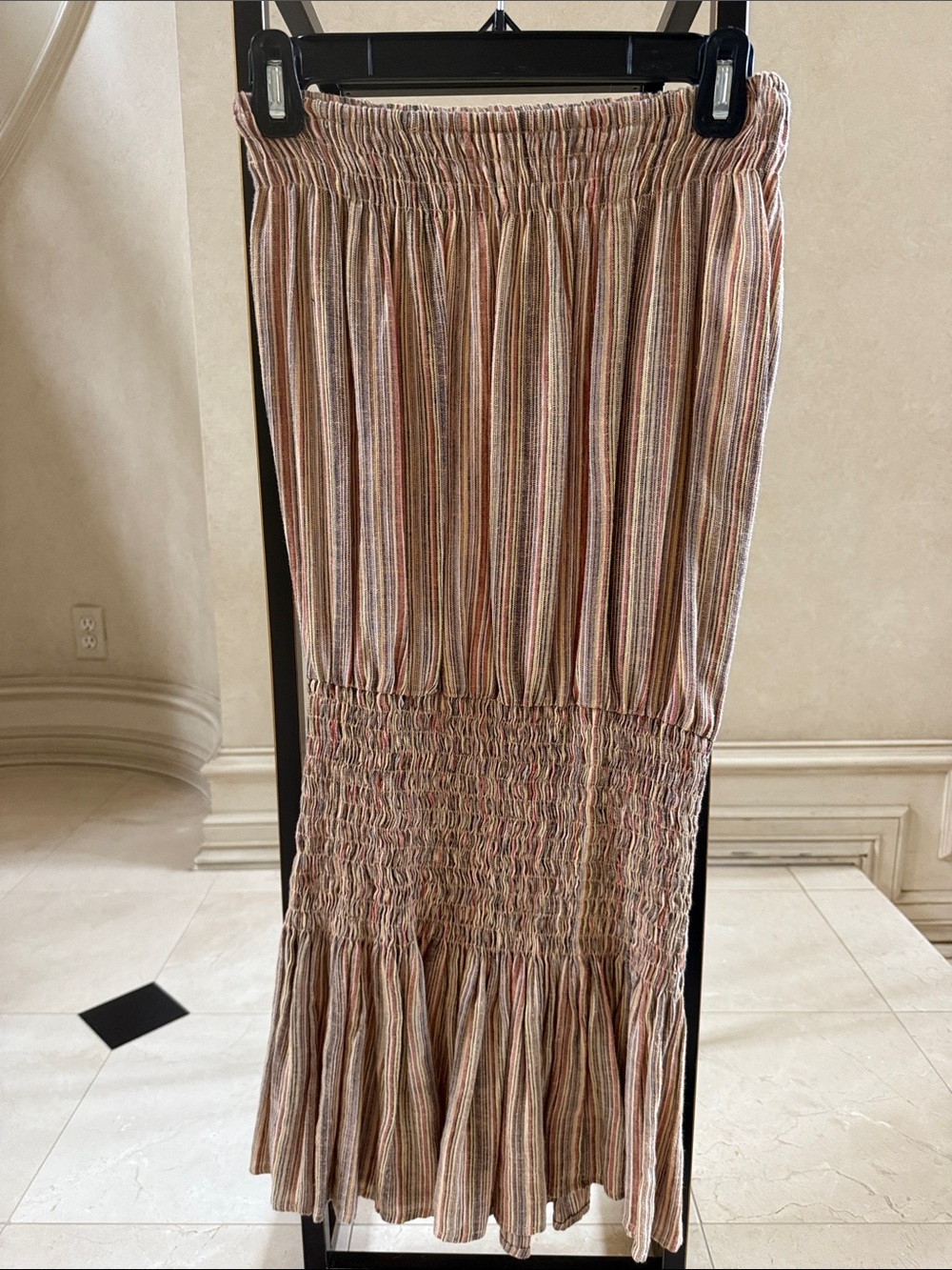 Blue Life Neutral Multi-Stripe Strapless Smocked Midi Dress